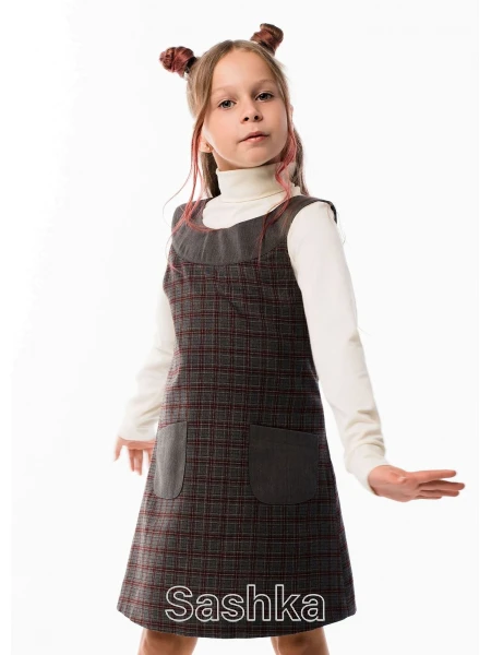 Сарафан для дівчинки Sashka шкільний сіро-бордова клітинка (напіввовна), розмір 116-146